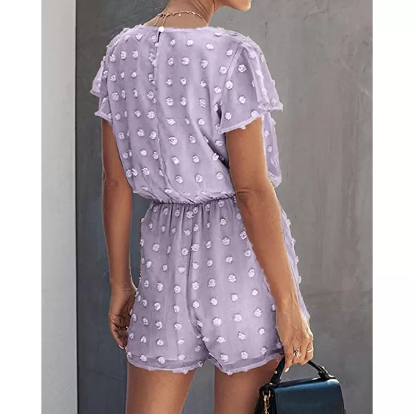 imageBTFBM Women 2023 Summer Fashion V Neck Wrap Rompers Swiss Dot Pocketed Elastic Waist Short Sleeve Beach Shorts JumpsuitPurple