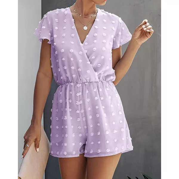 imageBTFBM Women 2023 Summer Fashion V Neck Wrap Rompers Swiss Dot Pocketed Elastic Waist Short Sleeve Beach Shorts JumpsuitPurple