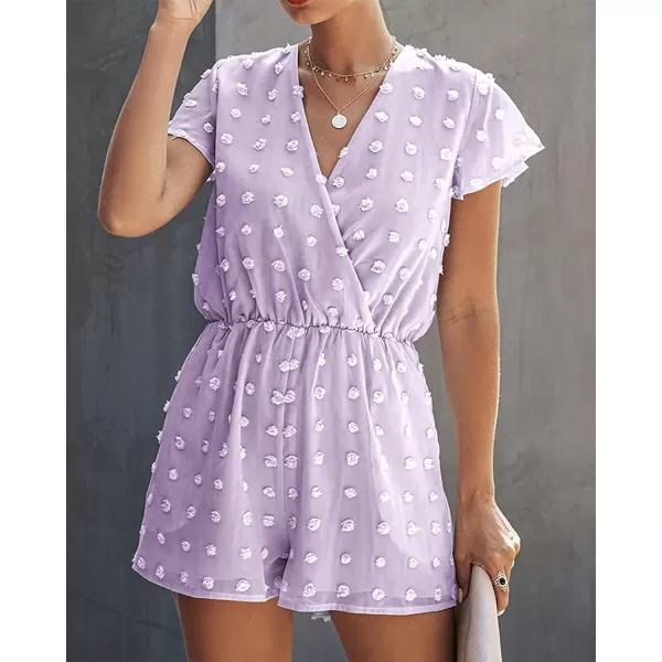 imageBTFBM Women 2023 Summer Fashion V Neck Wrap Rompers Swiss Dot Pocketed Elastic Waist Short Sleeve Beach Shorts JumpsuitPurple
