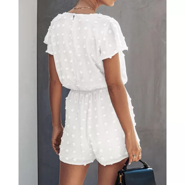imageBTFBM Women 2023 Summer Fashion V Neck Wrap Rompers Swiss Dot Pocketed Elastic Waist Short Sleeve Beach Shorts JumpsuitWhite