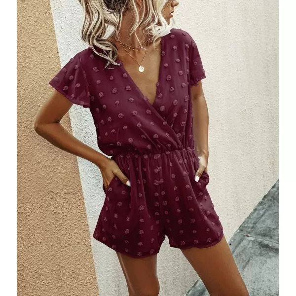 imageBTFBM Women 2023 Summer Fashion V Neck Wrap Rompers Swiss Dot Pocketed Elastic Waist Short Sleeve Beach Shorts JumpsuitWine Red