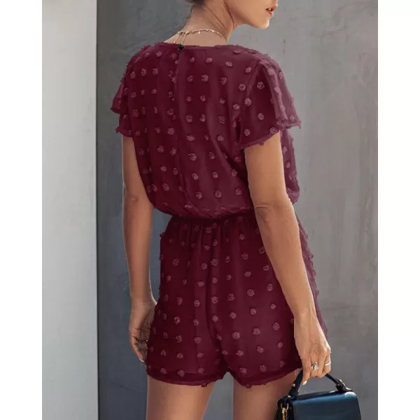 imageBTFBM Women 2023 Summer Fashion V Neck Wrap Rompers Swiss Dot Pocketed Elastic Waist Short Sleeve Beach Shorts JumpsuitWine Red