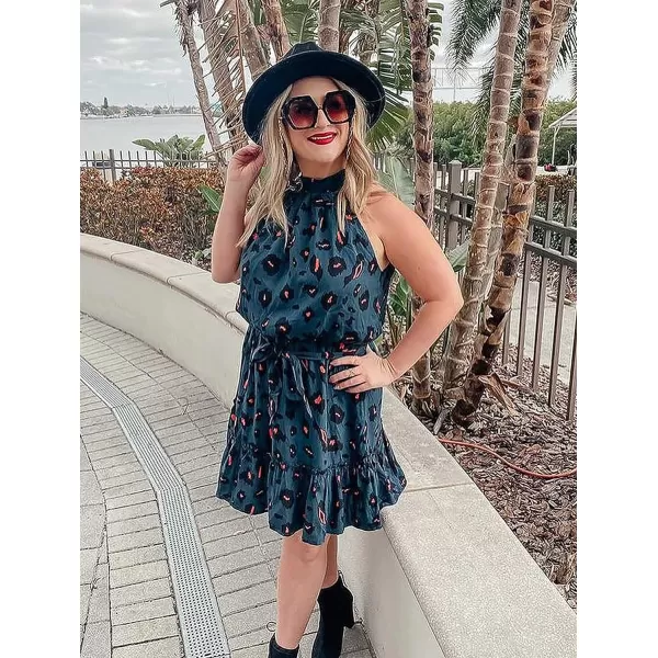imageBTFBM Women 2023 Summer Halter Neck Dresses Sleeveless Casual Floral Polka Dot Leopard Print Short Boho Ruffle SundressDark GreenBlackOrange