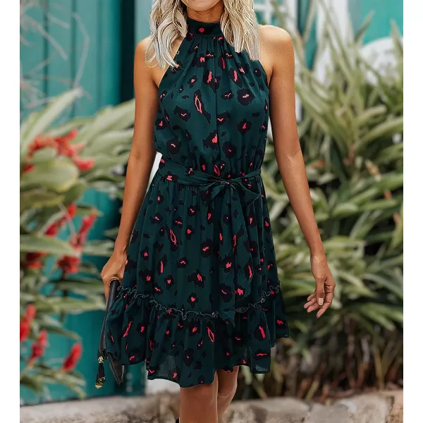 imageBTFBM Women 2023 Summer Halter Neck Dresses Sleeveless Casual Floral Polka Dot Leopard Print Short Boho Ruffle SundressDark GreenBlackOrange