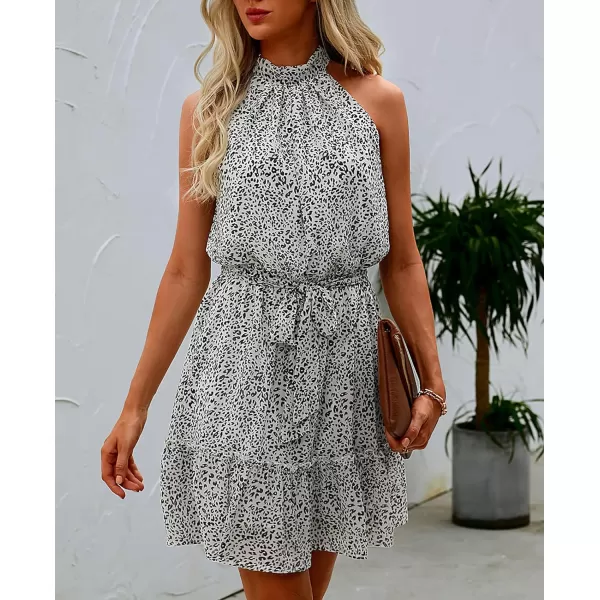 imageBTFBM Women 2023 Summer Halter Neck Dresses Sleeveless Casual Floral Polka Dot Leopard Print Short Boho Ruffle SundressDot Apricot Black