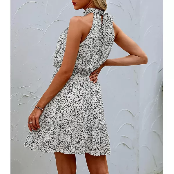 imageBTFBM Women 2023 Summer Halter Neck Dresses Sleeveless Casual Floral Polka Dot Leopard Print Short Boho Ruffle SundressDot Apricot Black