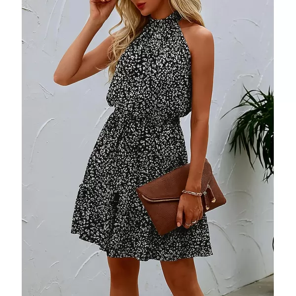 imageBTFBM Women 2023 Summer Halter Neck Dresses Sleeveless Casual Floral Polka Dot Leopard Print Short Boho Ruffle SundressDot Black White