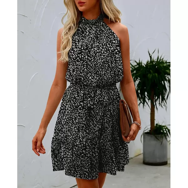 imageBTFBM Women 2023 Summer Halter Neck Dresses Sleeveless Casual Floral Polka Dot Leopard Print Short Boho Ruffle SundressDot Black White