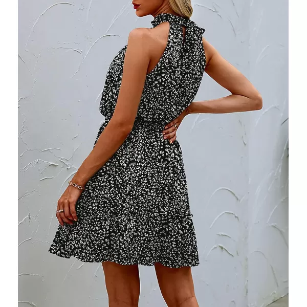 imageBTFBM Women 2023 Summer Halter Neck Dresses Sleeveless Casual Floral Polka Dot Leopard Print Short Boho Ruffle SundressDot Black White