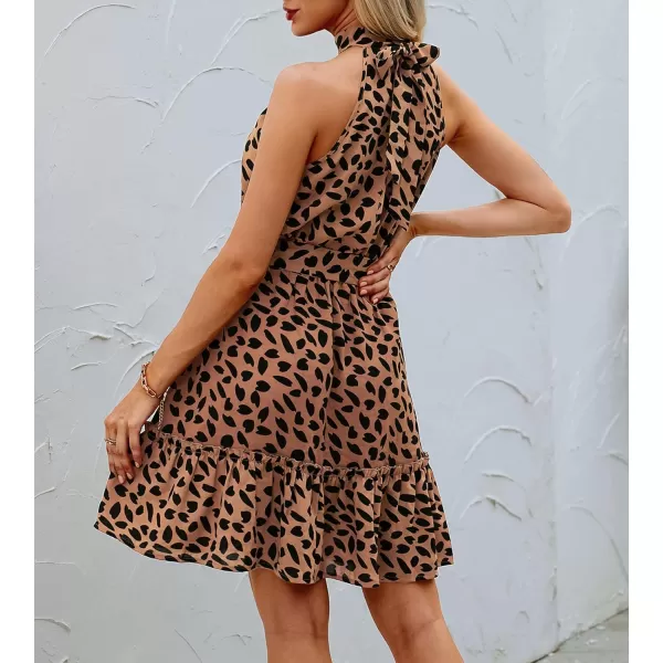 imageBTFBM Women 2023 Summer Halter Neck Dresses Sleeveless Casual Floral Polka Dot Leopard Print Short Boho Ruffle SundressDot Dark Khaki Black