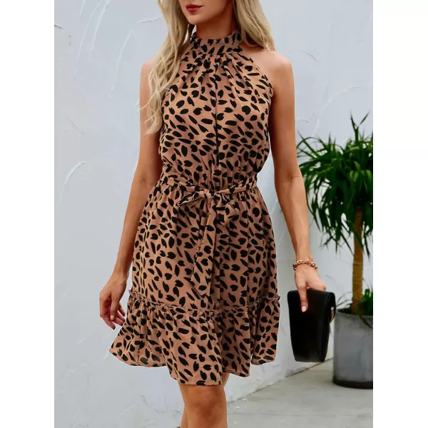 imageBTFBM Women 2023 Summer Halter Neck Dresses Sleeveless Casual Floral Polka Dot Leopard Print Short Boho Ruffle SundressDot Dark Khaki Black