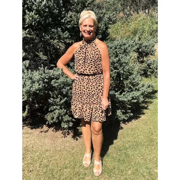imageBTFBM Women 2023 Summer Halter Neck Dresses Sleeveless Casual Floral Polka Dot Leopard Print Short Boho Ruffle SundressDot Dark Khaki Black