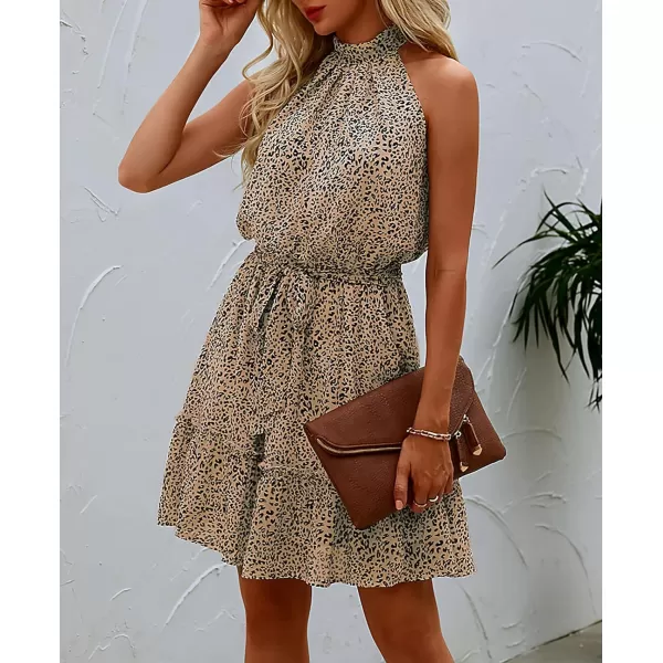 imageBTFBM Women 2023 Summer Halter Neck Dresses Sleeveless Casual Floral Polka Dot Leopard Print Short Boho Ruffle SundressDot Light Khaki Black