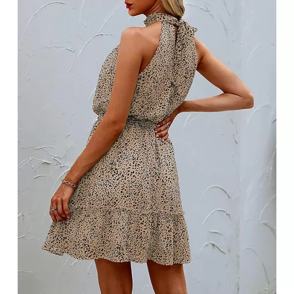 imageBTFBM Women 2023 Summer Halter Neck Dresses Sleeveless Casual Floral Polka Dot Leopard Print Short Boho Ruffle SundressDot Light Khaki Black