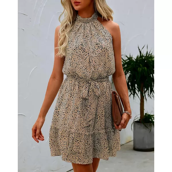 imageBTFBM Women 2023 Summer Halter Neck Dresses Sleeveless Casual Floral Polka Dot Leopard Print Short Boho Ruffle SundressDot Light Khaki Black
