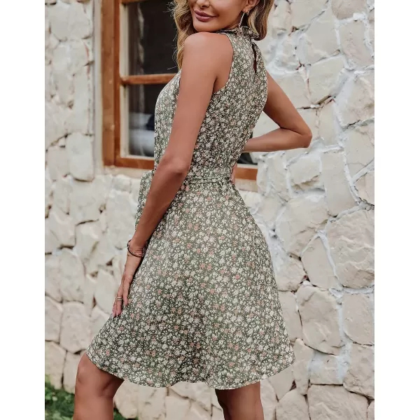 imageBTFBM Women 2023 Summer Halter Neck Dresses Sleeveless Casual Floral Polka Dot Leopard Print Short Boho Ruffle SundressFloral Print Army Green