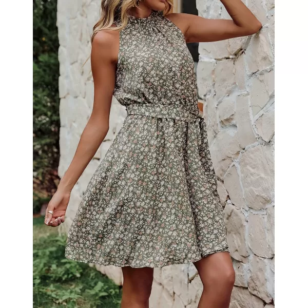imageBTFBM Women 2023 Summer Halter Neck Dresses Sleeveless Casual Floral Polka Dot Leopard Print Short Boho Ruffle SundressFloral Print Army Green