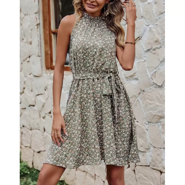 imageBTFBM Women 2023 Summer Halter Neck Dresses Sleeveless Casual Floral Polka Dot Leopard Print Short Boho Ruffle SundressFloral Print Army Green