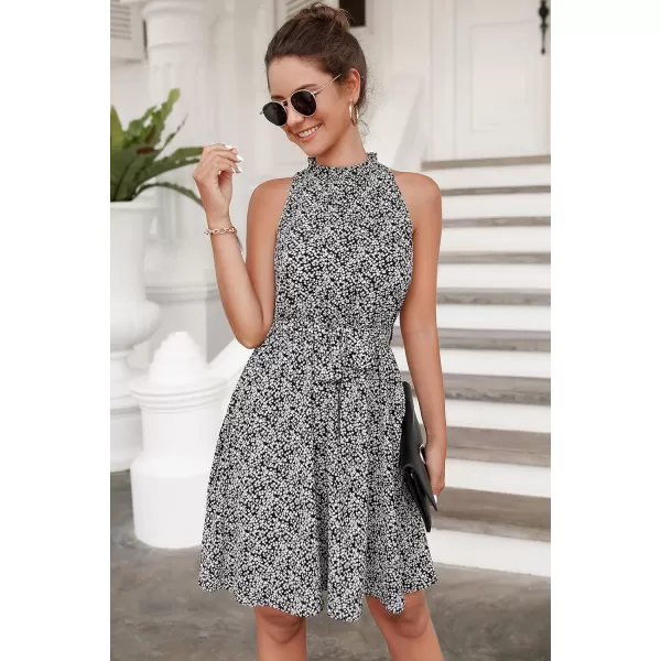 imageBTFBM Women 2023 Summer Halter Neck Dresses Sleeveless Casual Floral Polka Dot Leopard Print Short Boho Ruffle SundressFloral Print Black