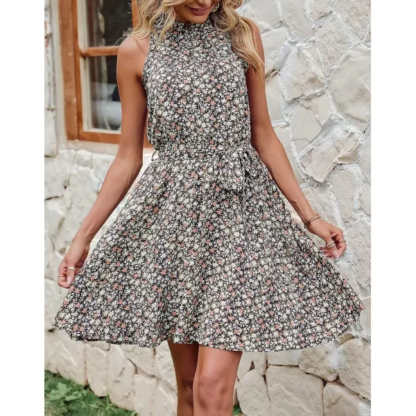 imageBTFBM Women 2023 Summer Halter Neck Dresses Sleeveless Casual Floral Polka Dot Leopard Print Short Boho Ruffle SundressFloral Print Black White