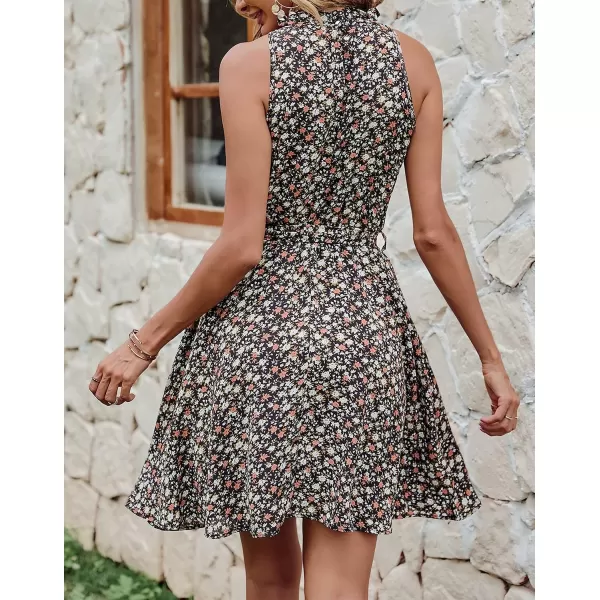 imageBTFBM Women 2023 Summer Halter Neck Dresses Sleeveless Casual Floral Polka Dot Leopard Print Short Boho Ruffle SundressFloral Print Black White