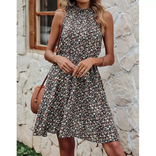 imageBTFBM Women 2023 Summer Halter Neck Dresses Sleeveless Casual Floral Polka Dot Leopard Print Short Boho Ruffle SundressFloral Print Black White