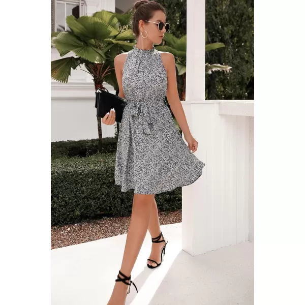 imageBTFBM Women 2023 Summer Halter Neck Dresses Sleeveless Casual Floral Polka Dot Leopard Print Short Boho Ruffle SundressFloral Print Blue