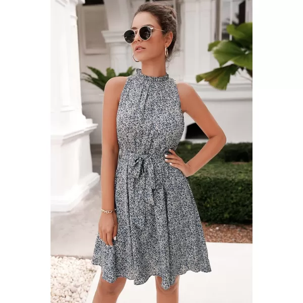 imageBTFBM Women 2023 Summer Halter Neck Dresses Sleeveless Casual Floral Polka Dot Leopard Print Short Boho Ruffle SundressFloral Print Blue