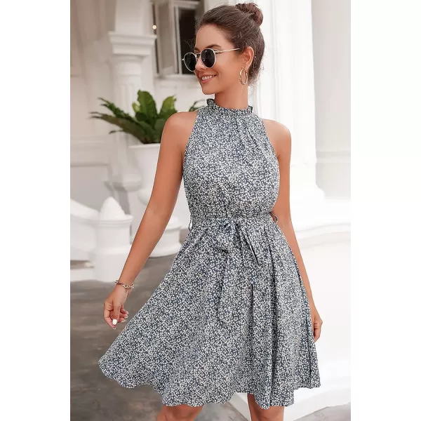 imageBTFBM Women 2023 Summer Halter Neck Dresses Sleeveless Casual Floral Polka Dot Leopard Print Short Boho Ruffle SundressFloral Print Blue