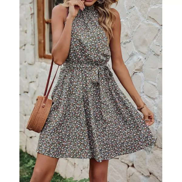 imageBTFBM Women 2023 Summer Halter Neck Dresses Sleeveless Casual Floral Polka Dot Leopard Print Short Boho Ruffle SundressFloral Print Dark Green