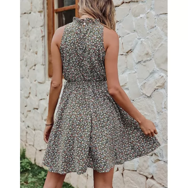 imageBTFBM Women 2023 Summer Halter Neck Dresses Sleeveless Casual Floral Polka Dot Leopard Print Short Boho Ruffle SundressFloral Print Dark Green