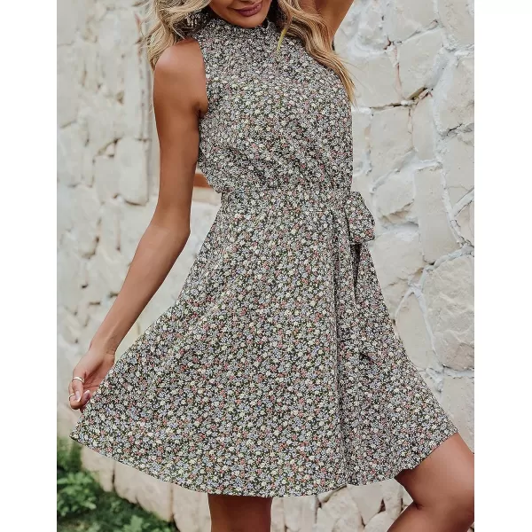 imageBTFBM Women 2023 Summer Halter Neck Dresses Sleeveless Casual Floral Polka Dot Leopard Print Short Boho Ruffle SundressFloral Print Dark Green