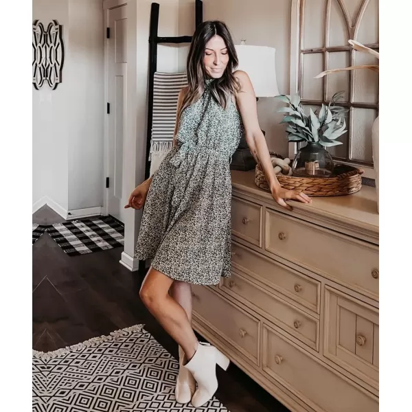 imageBTFBM Women 2023 Summer Halter Neck Dresses Sleeveless Casual Floral Polka Dot Leopard Print Short Boho Ruffle SundressFloral Print Green