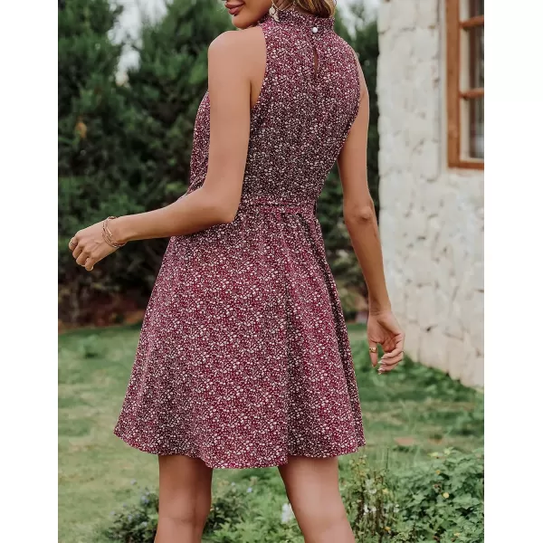 imageBTFBM Women 2023 Summer Halter Neck Dresses Sleeveless Casual Floral Polka Dot Leopard Print Short Boho Ruffle SundressFloral Print Wine Red