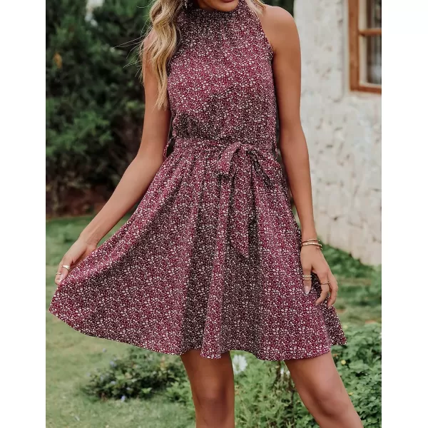 imageBTFBM Women 2023 Summer Halter Neck Dresses Sleeveless Casual Floral Polka Dot Leopard Print Short Boho Ruffle SundressFloral Print Wine Red