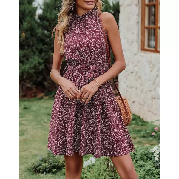 imageBTFBM Women 2023 Summer Halter Neck Dresses Sleeveless Casual Floral Polka Dot Leopard Print Short Boho Ruffle SundressFloral Print Wine Red