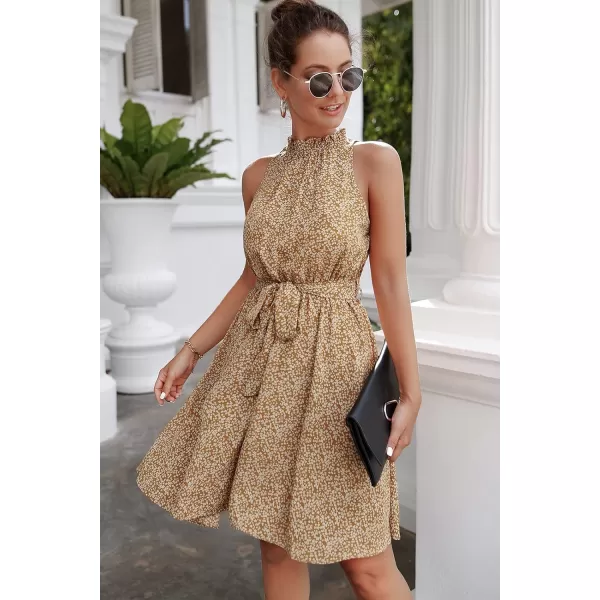 imageBTFBM Women 2023 Summer Halter Neck Dresses Sleeveless Casual Floral Polka Dot Leopard Print Short Boho Ruffle SundressFloral Print Yellow