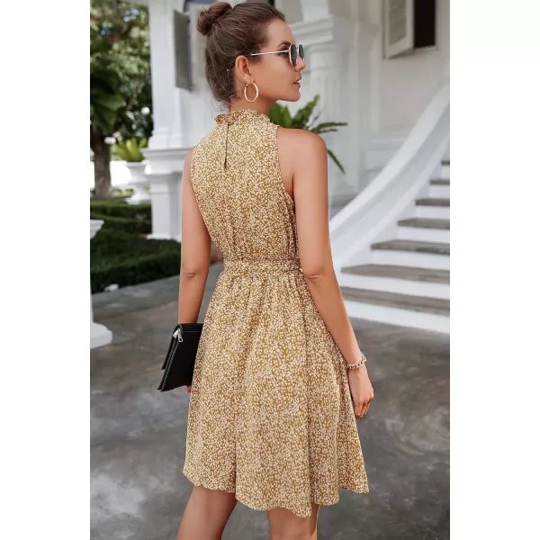 imageBTFBM Women 2023 Summer Halter Neck Dresses Sleeveless Casual Floral Polka Dot Leopard Print Short Boho Ruffle SundressFloral Print Yellow