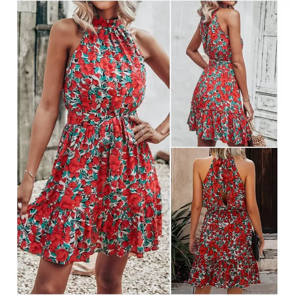imageBTFBM Women 2023 Summer Halter Neck Dresses Sleeveless Casual Floral Polka Dot Leopard Print Short Boho Ruffle SundressFloral Red