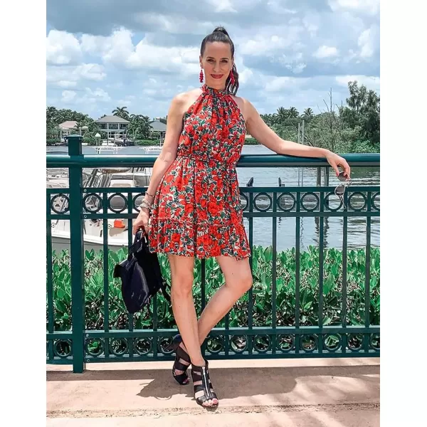 imageBTFBM Women 2023 Summer Halter Neck Dresses Sleeveless Casual Floral Polka Dot Leopard Print Short Boho Ruffle SundressFloral Red