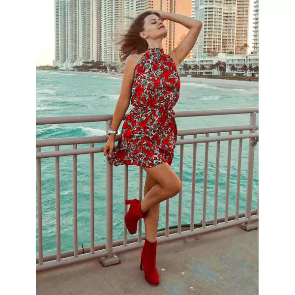 imageBTFBM Women 2023 Summer Halter Neck Dresses Sleeveless Casual Floral Polka Dot Leopard Print Short Boho Ruffle SundressFloral Red