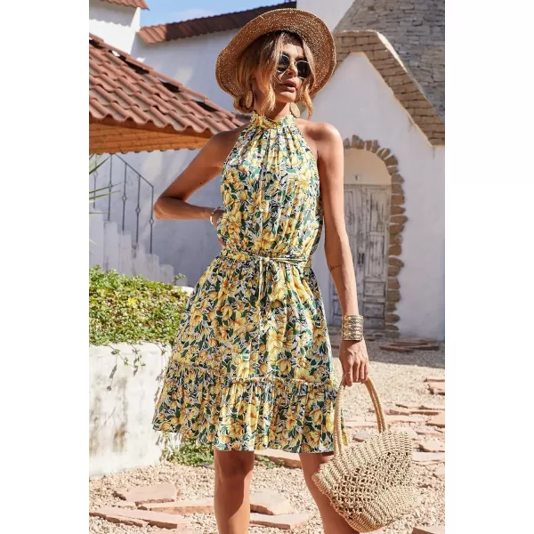 imageBTFBM Women 2023 Summer Halter Neck Dresses Sleeveless Casual Floral Polka Dot Leopard Print Short Boho Ruffle SundressFloral Yellow