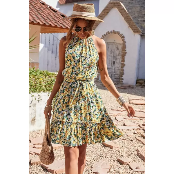imageBTFBM Women 2023 Summer Halter Neck Dresses Sleeveless Casual Floral Polka Dot Leopard Print Short Boho Ruffle SundressFloral Yellow