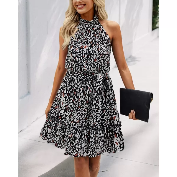 imageBTFBM Women 2023 Summer Halter Neck Dresses Sleeveless Casual Floral Polka Dot Leopard Print Short Boho Ruffle SundressLeopard Black