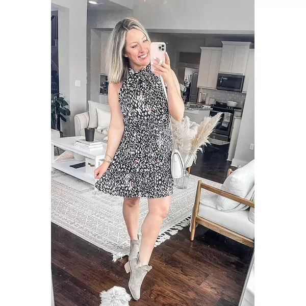 imageBTFBM Women 2023 Summer Halter Neck Dresses Sleeveless Casual Floral Polka Dot Leopard Print Short Boho Ruffle SundressLeopard Black