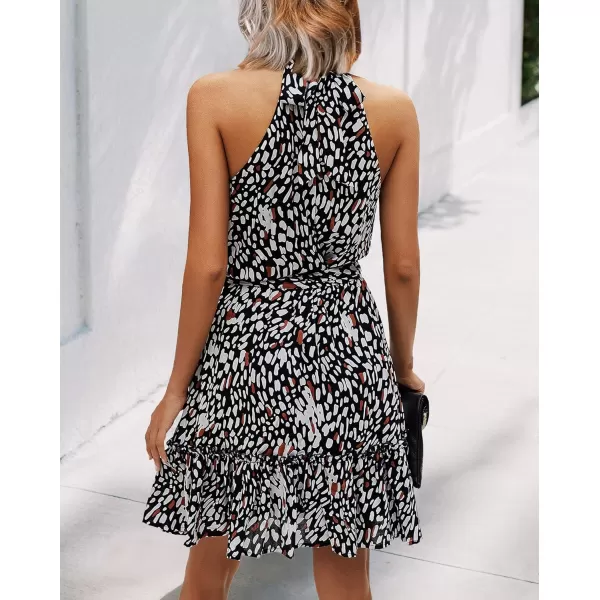 imageBTFBM Women 2023 Summer Halter Neck Dresses Sleeveless Casual Floral Polka Dot Leopard Print Short Boho Ruffle SundressLeopard Black