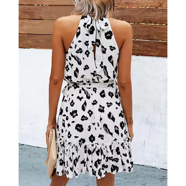 imageBTFBM Women 2023 Summer Halter Neck Dresses Sleeveless Casual Floral Polka Dot Leopard Print Short Boho Ruffle SundressLeopard White