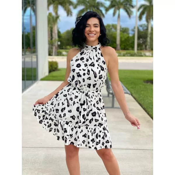 imageBTFBM Women 2023 Summer Halter Neck Dresses Sleeveless Casual Floral Polka Dot Leopard Print Short Boho Ruffle SundressLeopard White
