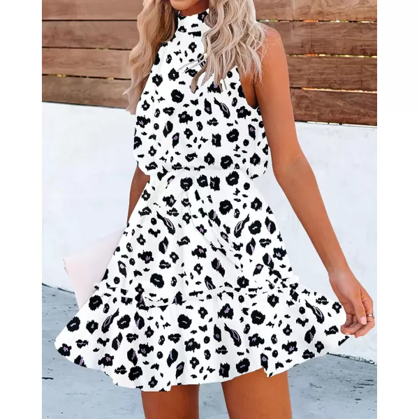 imageBTFBM Women 2023 Summer Halter Neck Dresses Sleeveless Casual Floral Polka Dot Leopard Print Short Boho Ruffle SundressLeopard White