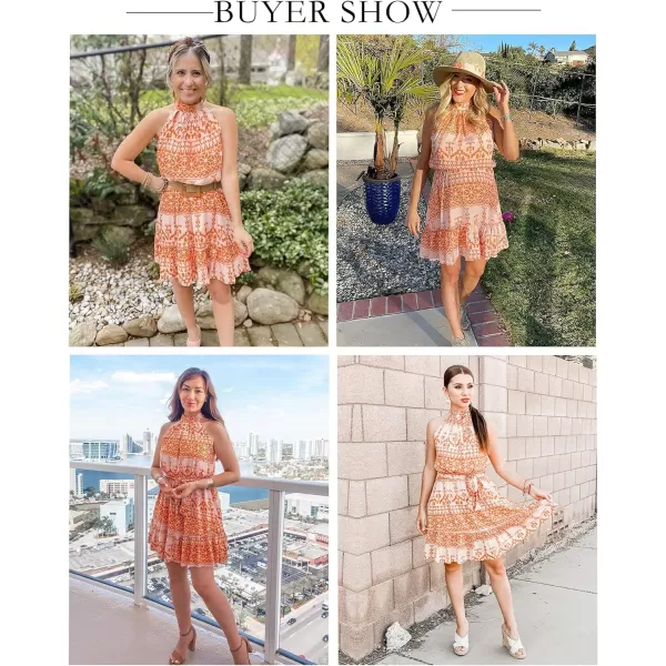 imageBTFBM Women 2023 Summer Halter Neck Dresses Sleeveless Casual Floral Polka Dot Leopard Print Short Boho Ruffle SundressOrangeWhite